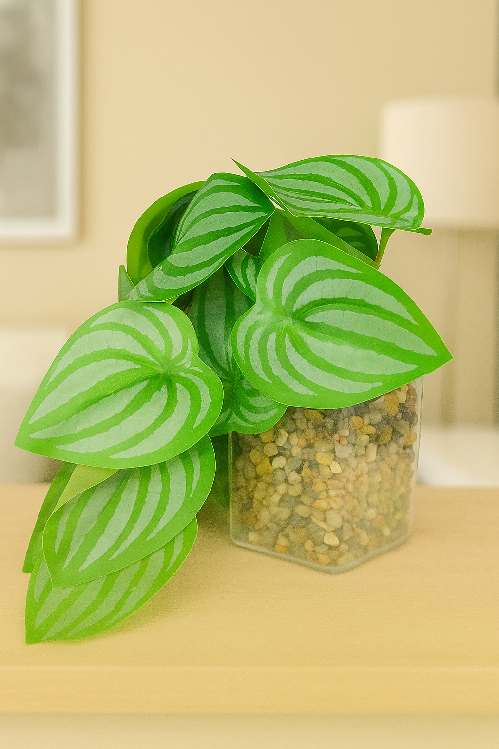 Artificial Plant in Transparent Square Pot with Natural Pebble Base – Realistic Faux Indoor Potted Plant for Home, Office, or Desk Décor – Low Maintenance Greenery Accent for Modern Interiors, Shelves, or Living Room Display