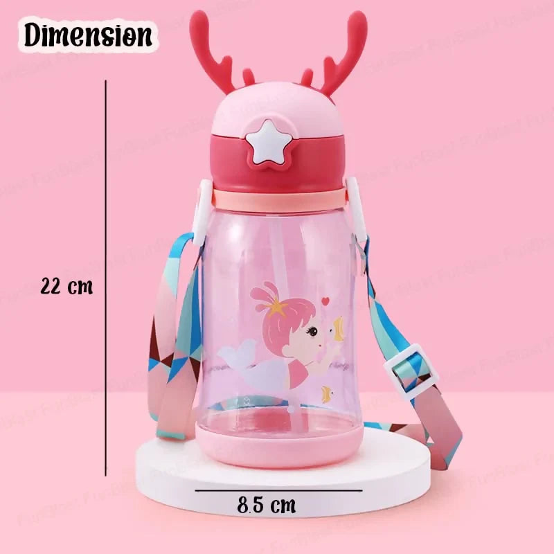 Cute Mermaid Water Bottle for Kids – BPA-Free with Strap & Antler Cap Cute Sipper Water Bottle with Straw Shoulder Strap Leakproof Deer Design Water Bottle for Students Best Birthday Return Gifts