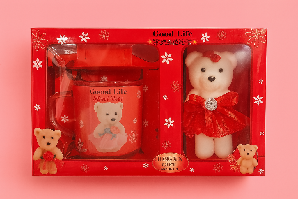 "Good Life Cute Bear Gift Set with Glass Mug, Spoon & Plush Teddy in Red Theme – Romantic Gift for Girlfriend, Birthday, Anniversary, Valentine's Day – Elegant Box Packaging"