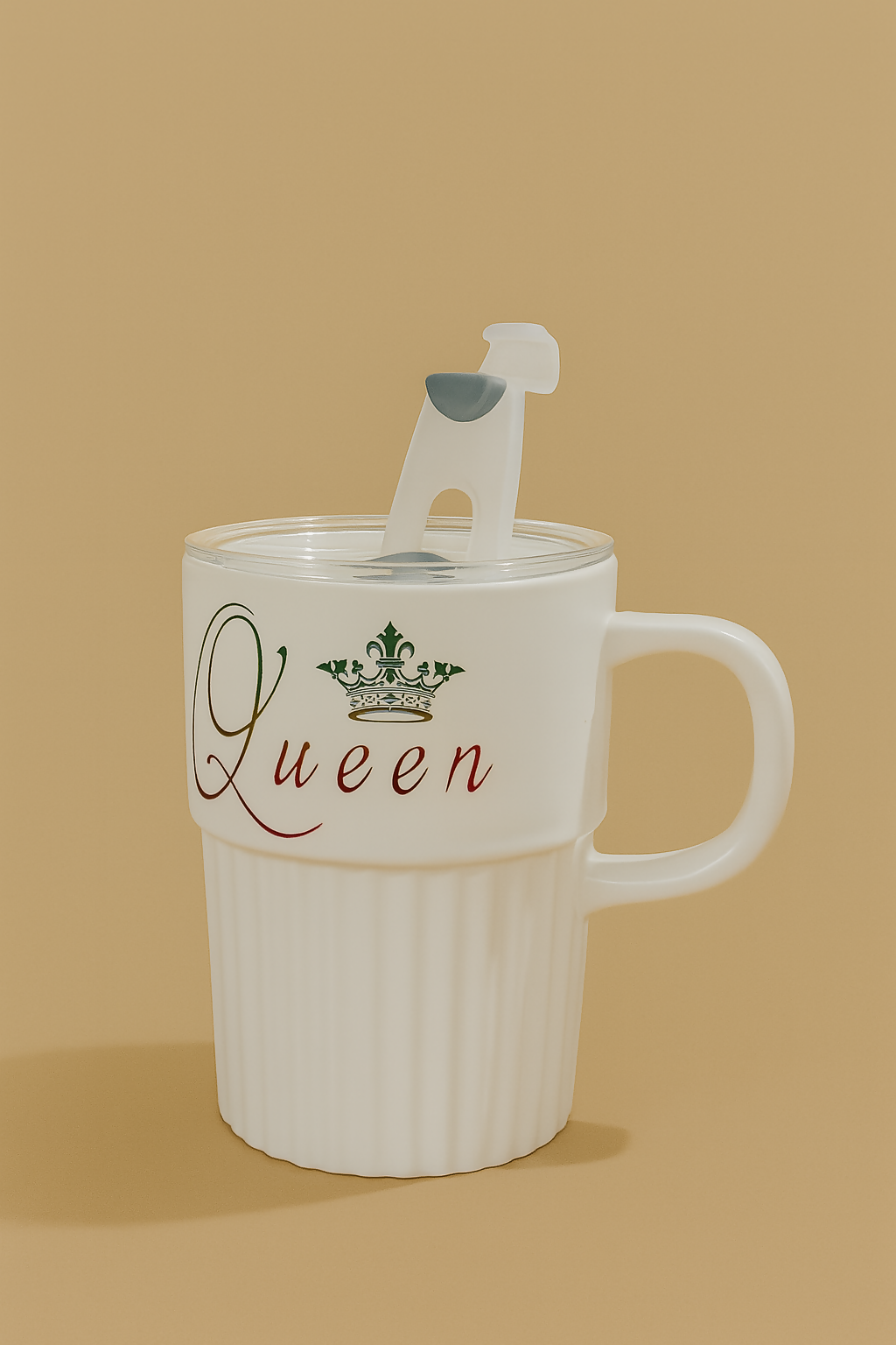 Premium White Ceramic "Queen" Printed Mug with Lid and Stirrer | Elegant Tea & Coffee Cup Gift for Women, Wife, Girlfriend – Royal Crown Design Mug for Hot Beverages