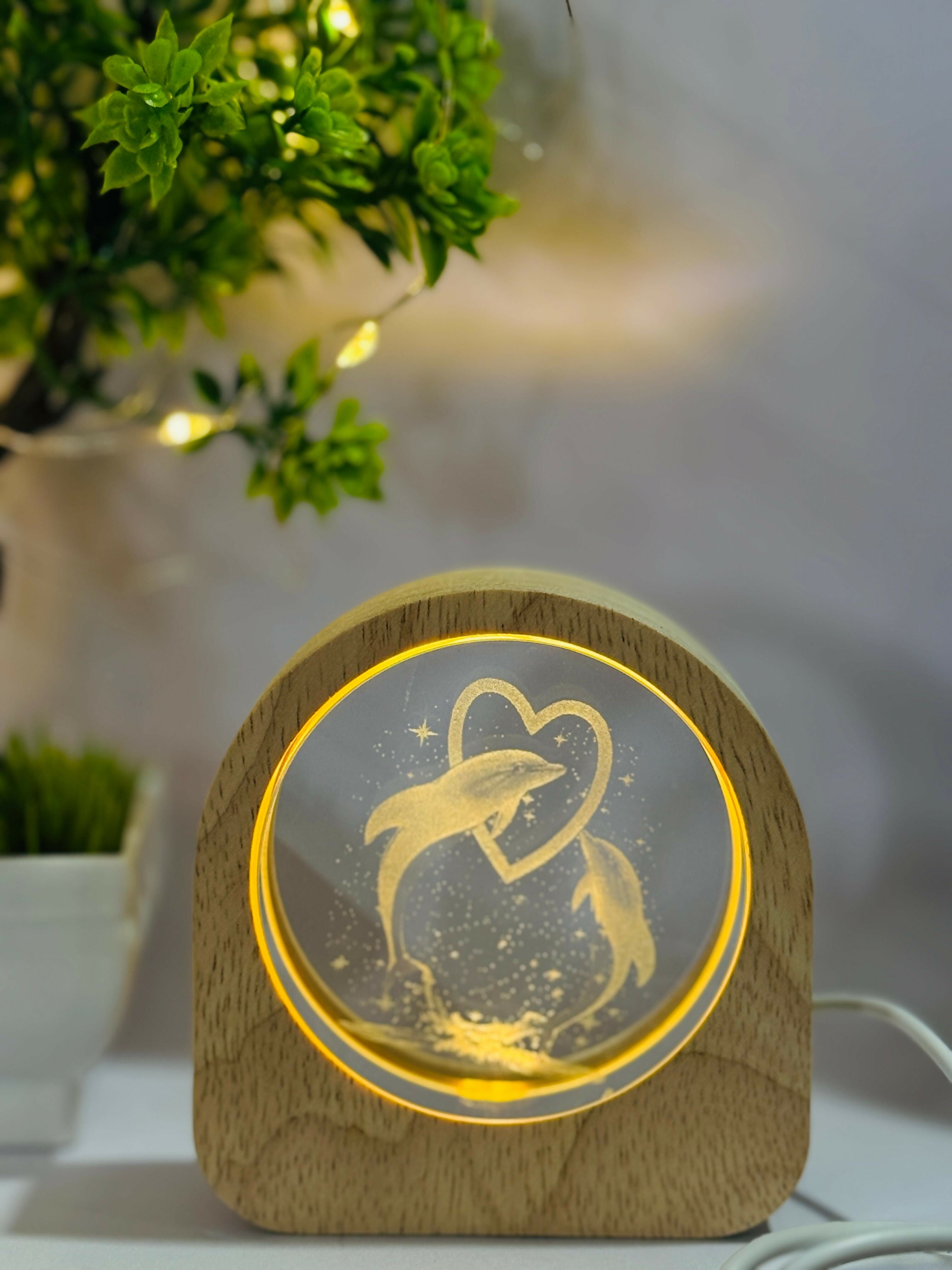 Romantic Dolphin Couple 3D Crystal Glass Night Lamp with Wooden Frame – LED Touch Light with Warm Yellow Glow | USB Powered Table Lamp for Bedroom, Couple Gift, Home Decor & Anniversary Present