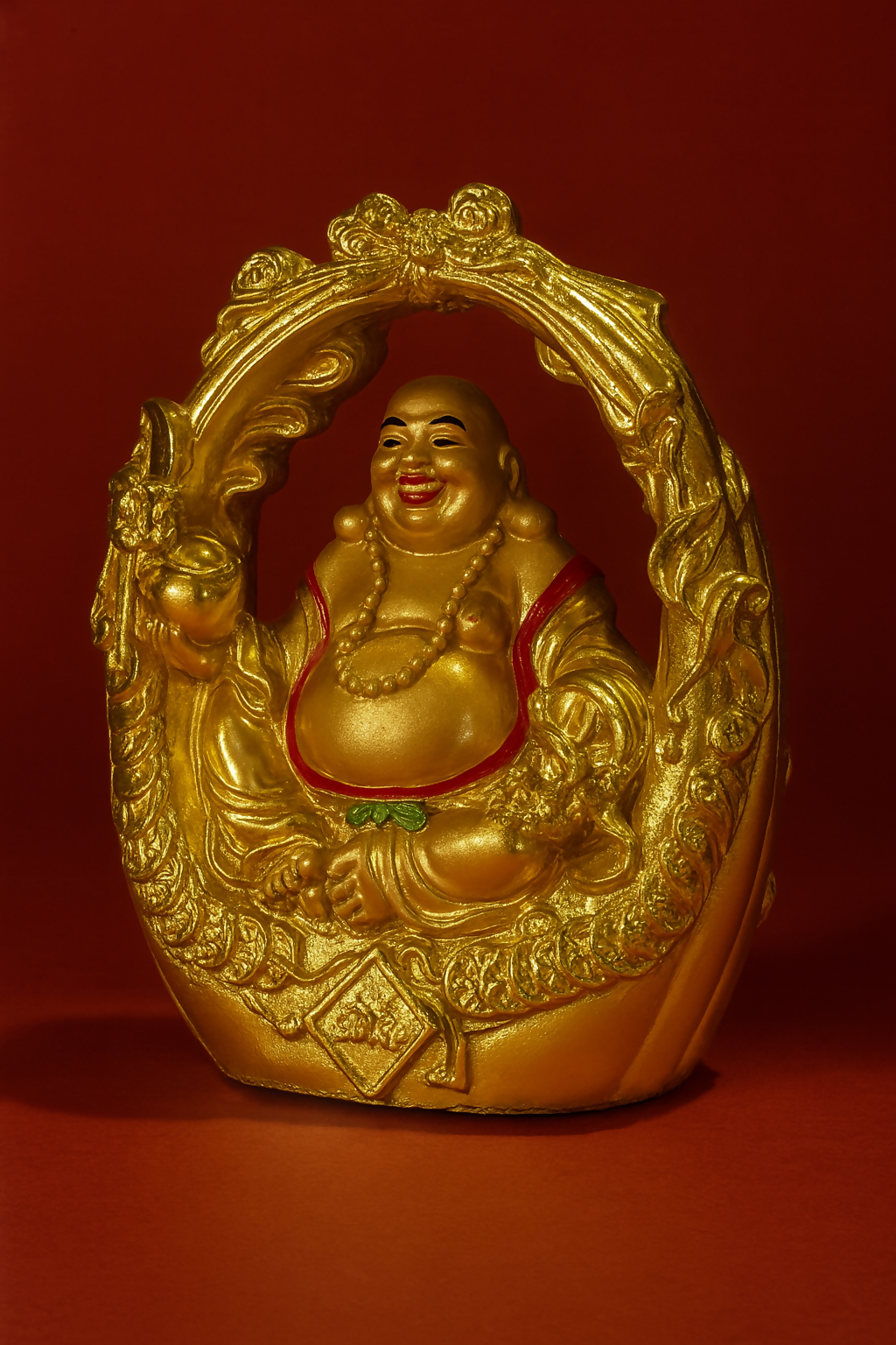 Golden Laughing Buddha Idol in Ornate Arch Frame | Lucky Buddha Statue