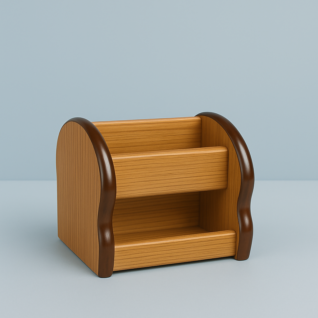 Elegant Wooden Desk Organizer with Dual-Tier Storage – Office Tabletop Caddy for Pens, Stationery, and Accessories – Premium Brown Curved Edge Design for Home and Office Deco