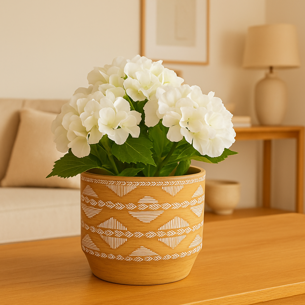 Handcrafted Beige Ceramic Planter Pot with White Tribal Etched Design – Decorative Indoor Pot for Living Room, Office, or Shelf Display – Rustic Boho Aesthetic – 6-Inch Round Plant Container