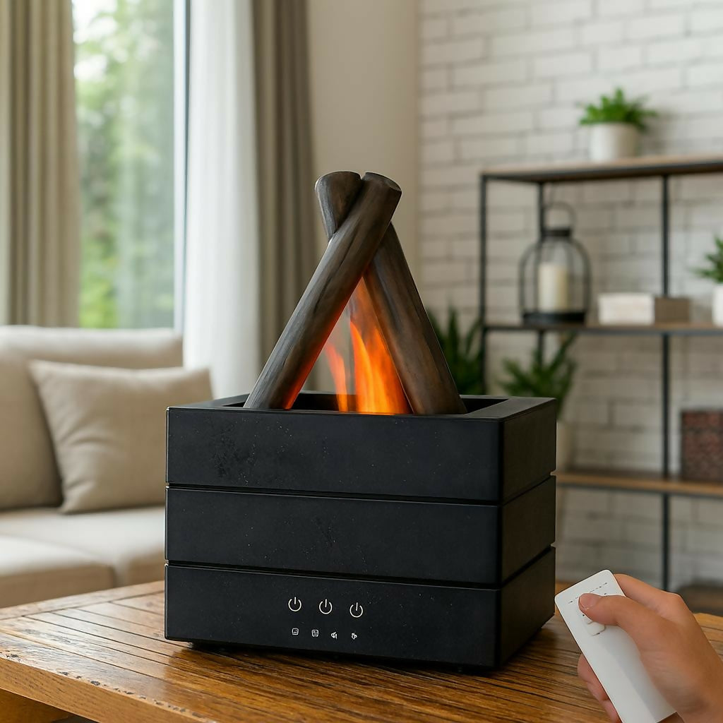 HOME DECOR Square Campfire Style Flame Aroma Diffuser with Wooden Log Design – 280ml Ultrasonic Essential Oil Diffuser & Humidifier with Colorful Lights, Timer Settings & Auto Shut-Off