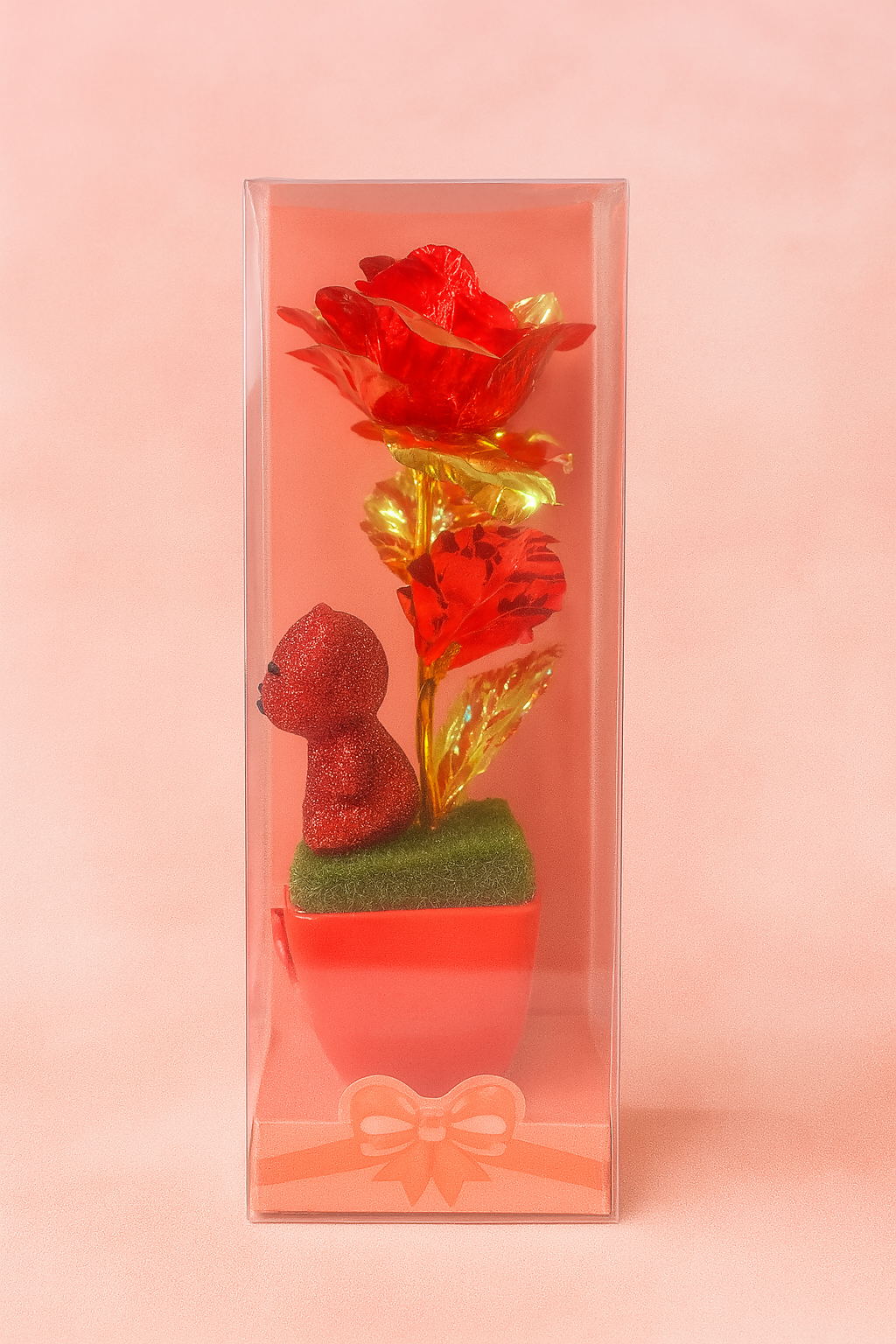 Set of 10 Decorative Golden Rose with Teddy Bear in Gift Box – Valentine’s Day, Anniversary, Romantic Return Gift – Cute Glitter Love Showpiece for Table & Shelf Décor