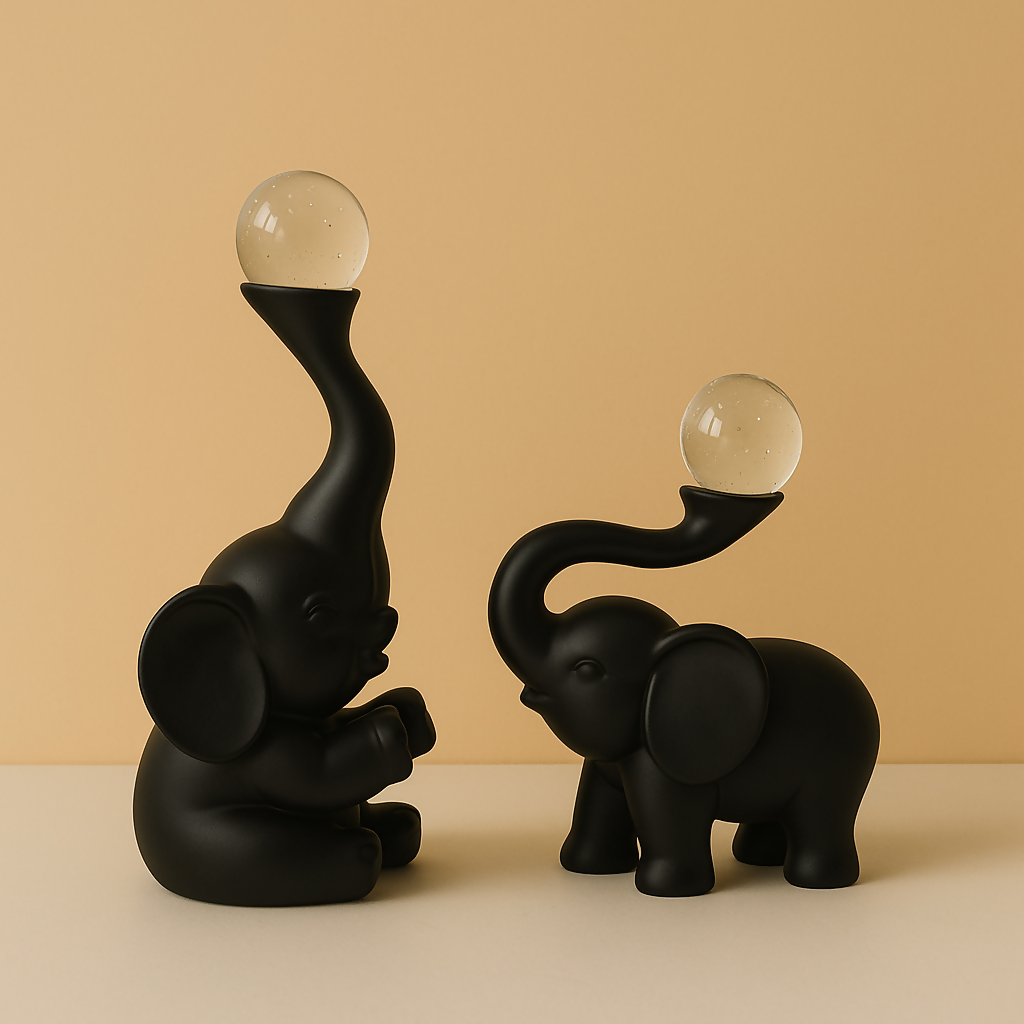 HOME DECOR Elegant Black Resin Elephant Showpiece Set with Crystal Balls | Set of 2 Decorative Figurines for Home, Living Room, Office, or Gifting – Modern Vastu-Inspired Animal Decor