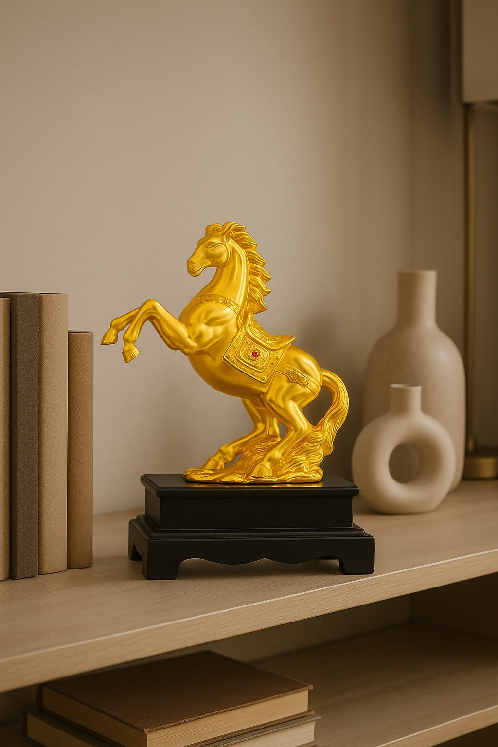 HOME DECOR Golden Horse Statue for Home Decor – Feng Shui Inspired Rearing Horse Figurine on Black Base for Wealth, Success & Positivity – Premium Polyresin Showpiece for Living Room, Office, or Gifting