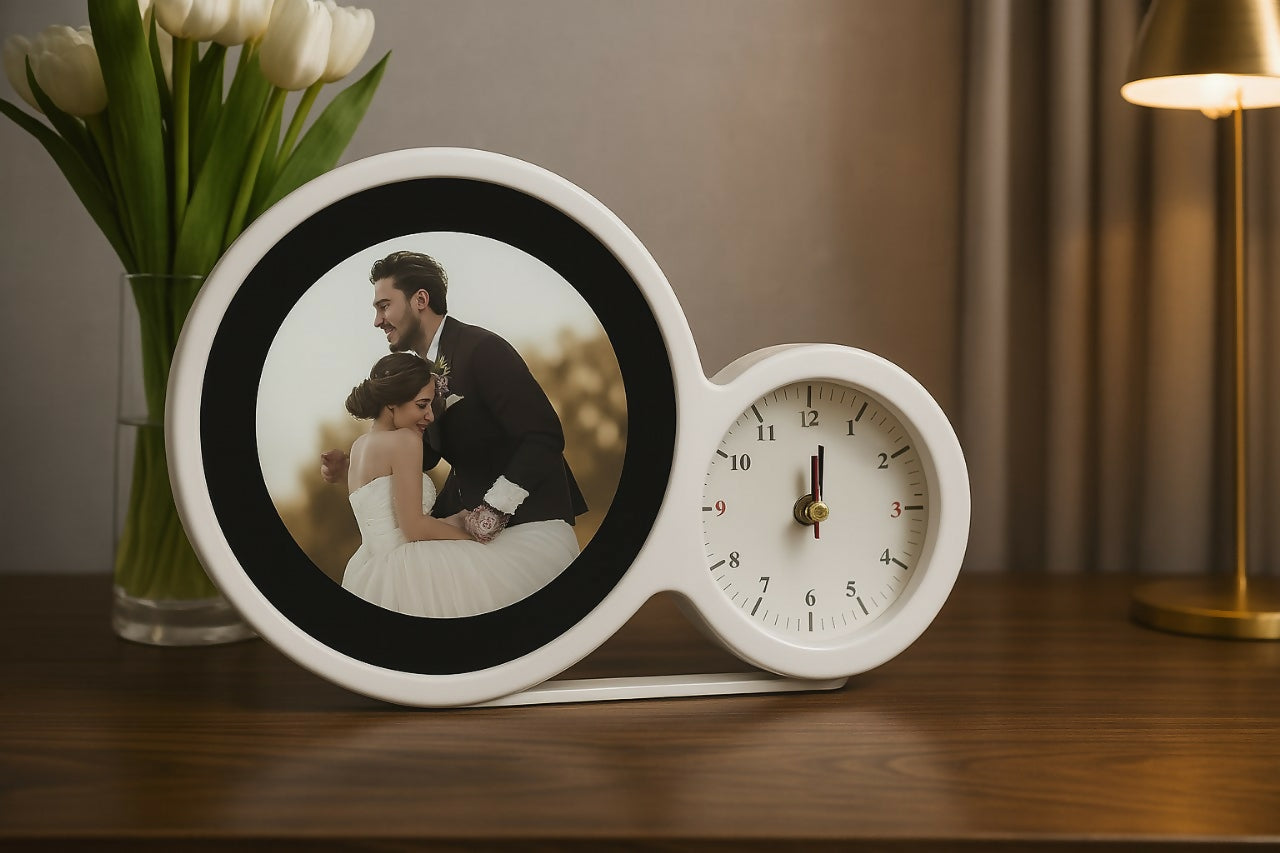 Personalized Dual-Ring Wedding Photo Frame with Analog Clock | Elegant Tabletop Decor Gift for Couples, Anniversaries, Weddings & Home