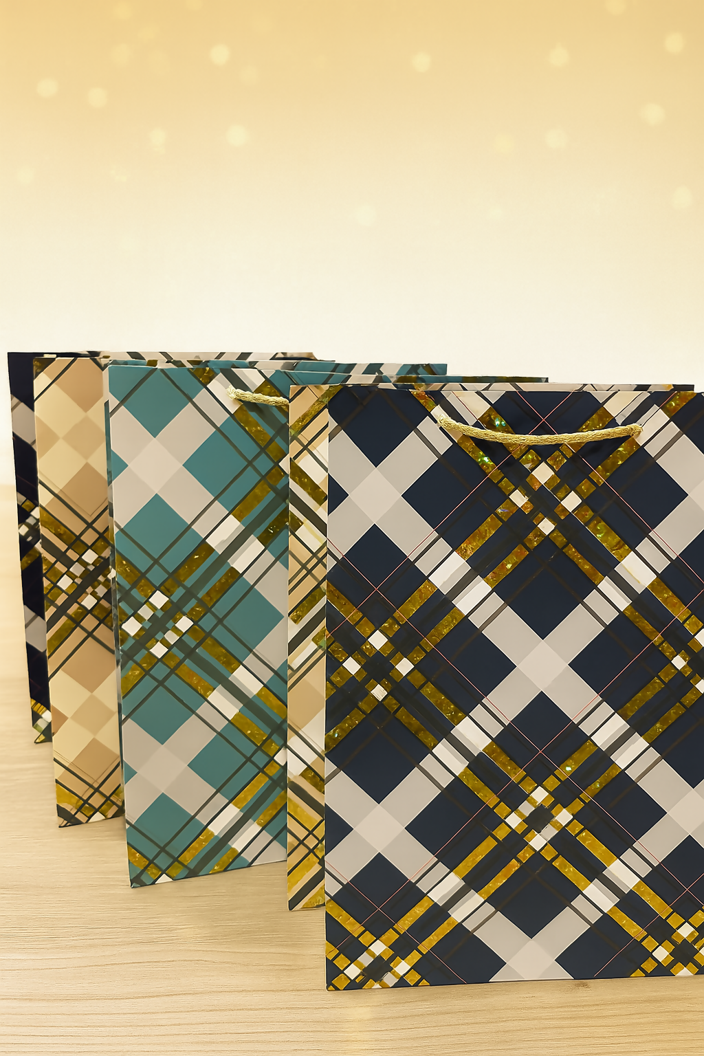 Luxury Plaid Pattern Gift Bag Set – Pack of 4 Reusable Premium Paper Gift Bags with Golden Foil Detailing, Strong Rope Handles – Ideal for Birthday, Wedding, Anniversary, Festive & Corporate Gifting (Multicolor, Large Size)