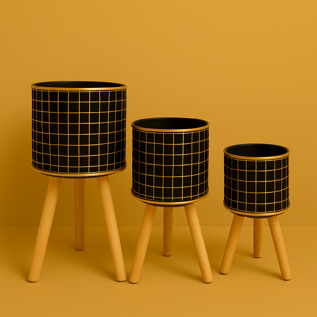 HOME DECOR Set of 3 Modern Black & Gold Grid Planters with Wooden Stands – Decorative Metal Plant Pots