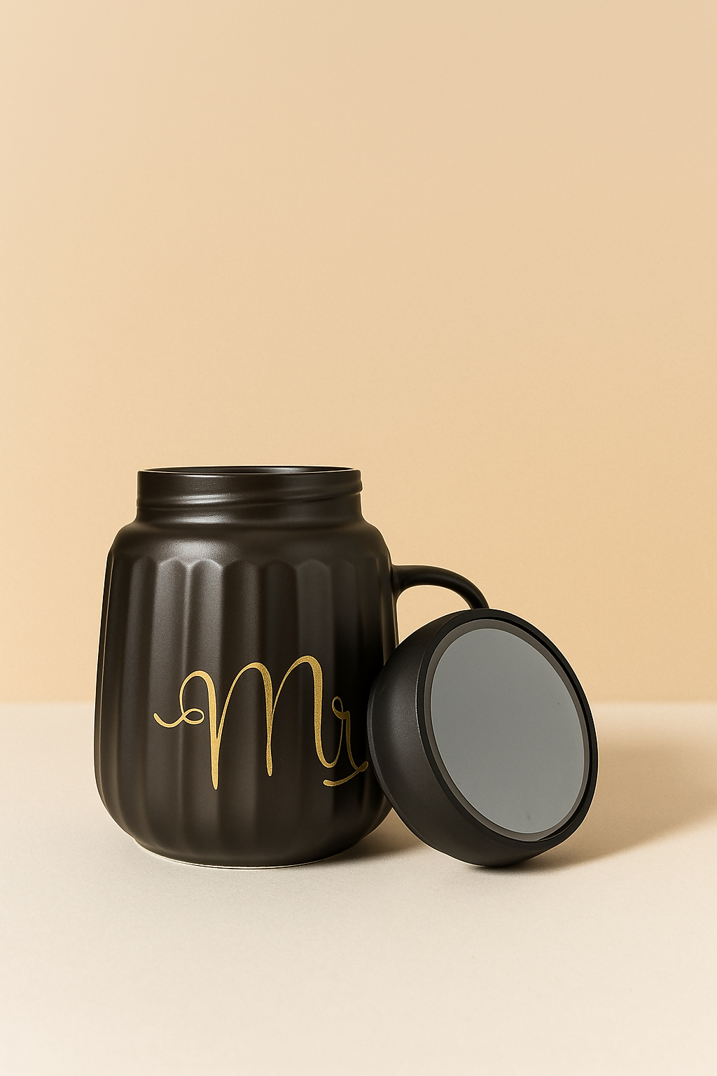 Luxury Black Ceramic "Mr" Coffee Mug with Lid – Matte Finish Gold Lettering Mug for Men – Ideal Gift for Husband, Fiancé, Boyfriend, or Groom