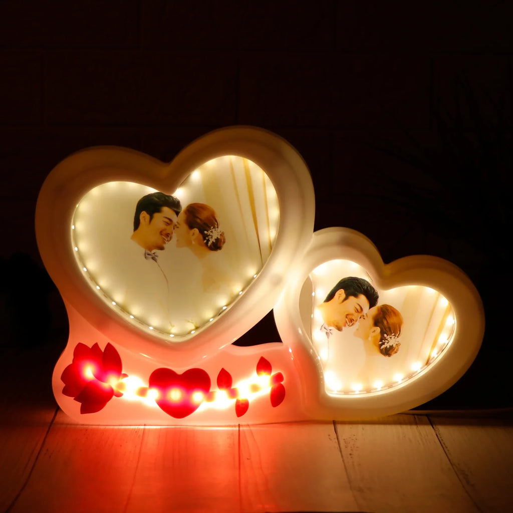 Heart-Shaped Dual Mirror with LED Light – Decorative Romantic Table Mirror Hearts of Love LED Magic Mirror Photo Frame