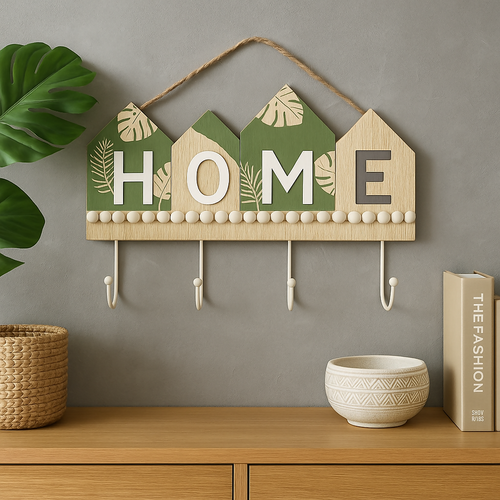 Wooden HOME Key Holder with 4 Hooks – Decorative Tropical Leaf Pattern House Design, Natural Wood Finish with Rope Hanger – Rustic Entryway Organizer for Keys, Hats, or Accessories