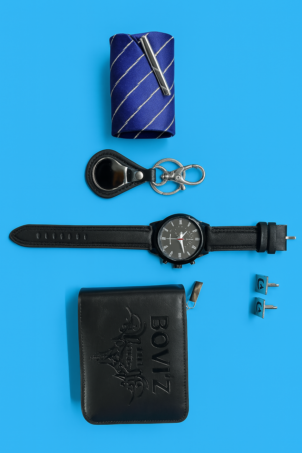 BOVIZ Premium 6-in-1 Men’s Gift Set with Wallet, Wrist Watch, Tie with Pin, Cufflinks, and Keychain | Luxury Formal Accessory Combo for Men | Ideal for Birthday, Anniversary, Festive & Corporate Gifting
