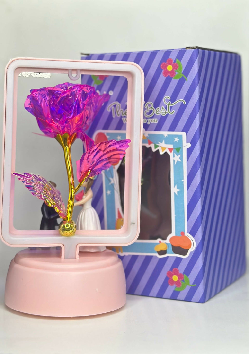 Romantic LED Love Showpiece with Golden Stem Crystal Rose and Proposal Couple Figurine – Decorative Night Lamp for Bedroom, Anniversary Gift, Valentine's Day, Wedding or Engagement Celebration