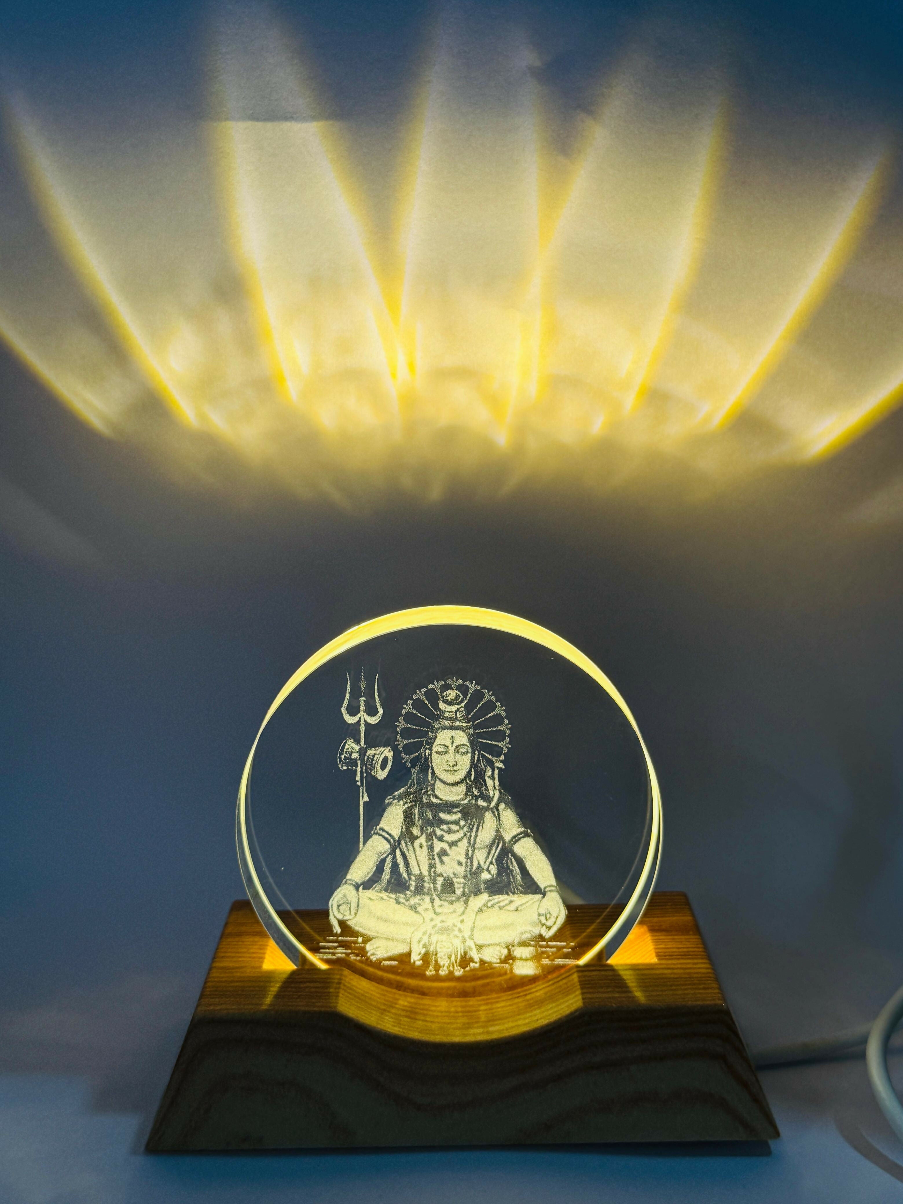 Lord Shiva 3D LED Night Lamp with Wooden Base | Meditating Mahadev Laser Engraved Acrylic Panel | Spiritual Home Decor & Gift Light for Bedroom, Living Room, Office | Trishul Design Mood Lamp