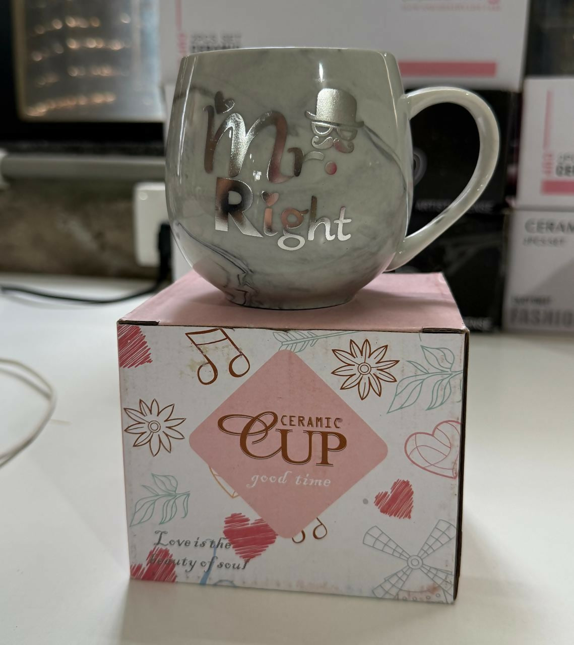 Mr. Right Grey Marble Ceramic Coffee Mug with Golden Handle – Funny Husband Gift Tea & Coffee Cup – Perfect for Anniversary, Valentine’s Day, Wedding, Birthday & Special Occasions