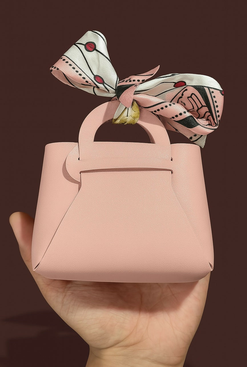 Elegant Pink PU Leather Mini Handbag with Printed Bow Knot | Small Gift Pouch for Jewelry, Candy, Return Gift, Party Favor Box for Girls & Women