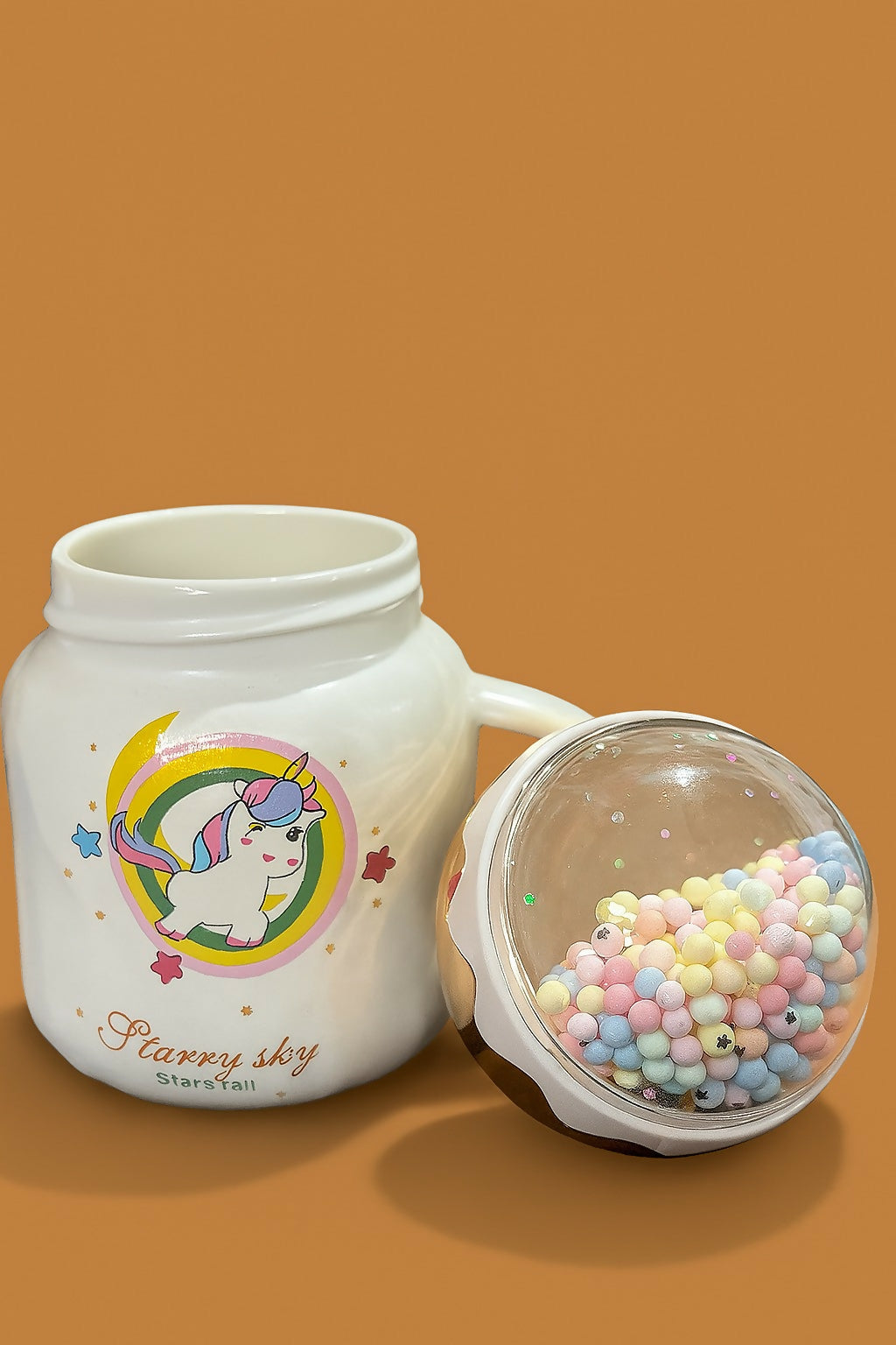 Cute Unicorn Ceramic Mug with Dome Lid – Comfortable “Happy Life” Cartoon Coffee Mug for Kids & Girls – Adorable Gift Cup with Golden Crown Accent and Pastel Decorative Beads