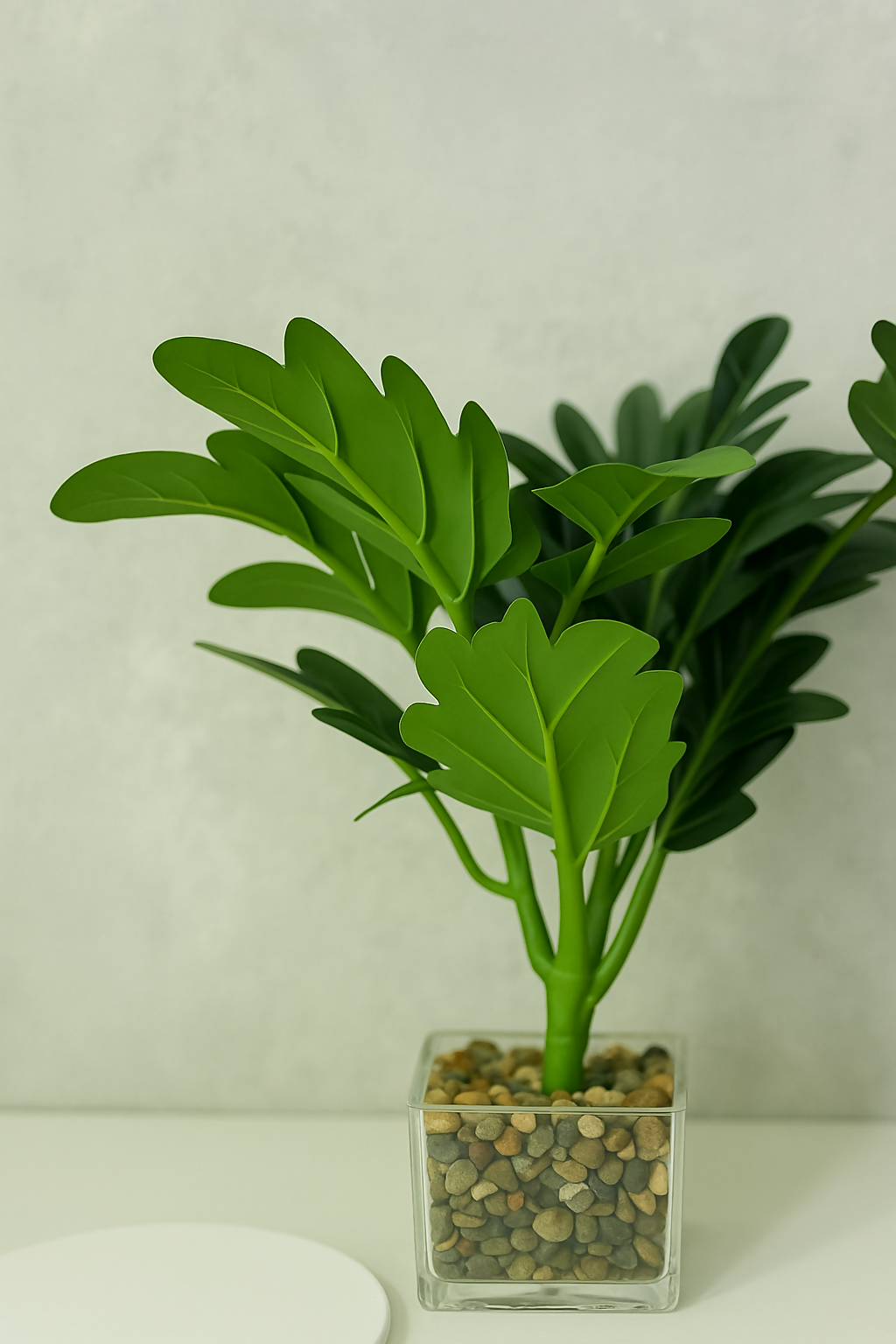 "Lifelike Artificial Monstera Plant in Transparent Square Pot with Decorative Pebbles – Real Touch Tropical Faux Greenery for Home, Office & Tabletop Décor – Ideal Gift for Housewarming, Birthdays, or Festive Celebrations"