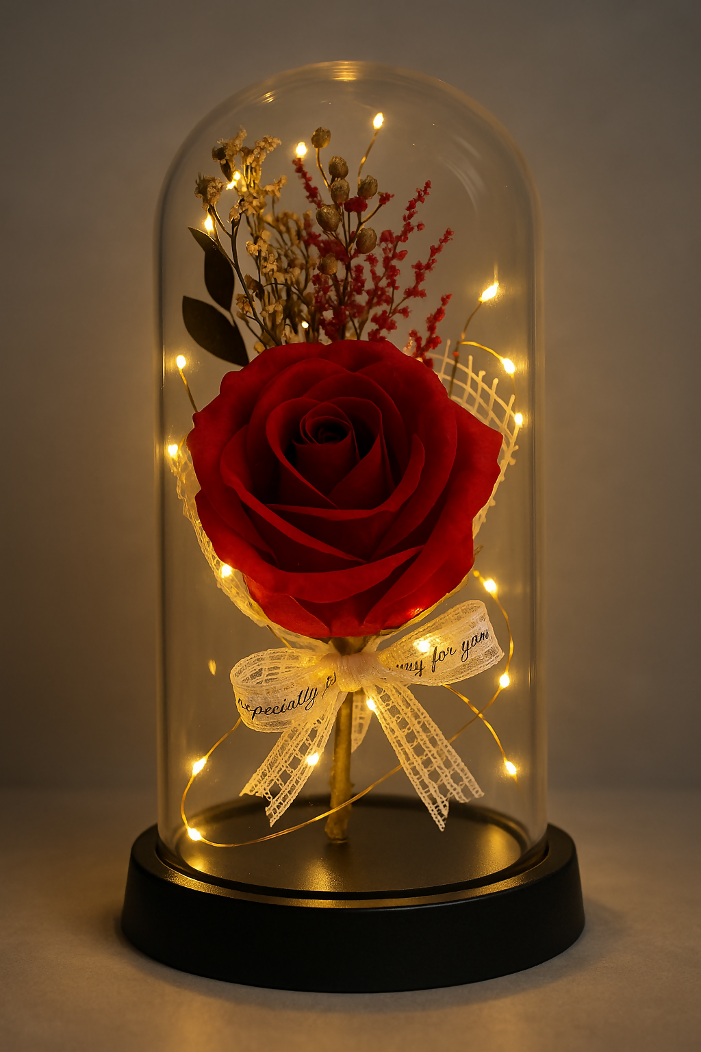 Eternal LED Glass Dome Rose – Romantic Artificial Preserved Red Rose with Fairy Lights in Glass on Wooden Base – Enchanted Forever Flower Gift for Her, Valentine’s Day, Anniversary, Birthday, or Home Decor