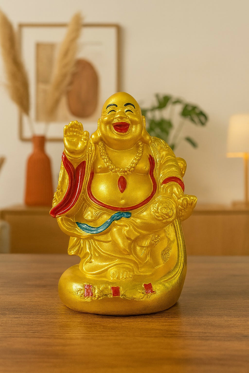 Standing Laughing Buddha Idol with Raised Hand – Golden Feng Shui Statue for Home, Office, and Shop Decor – Resin Showpiece for Wealth, Happiness & Protection