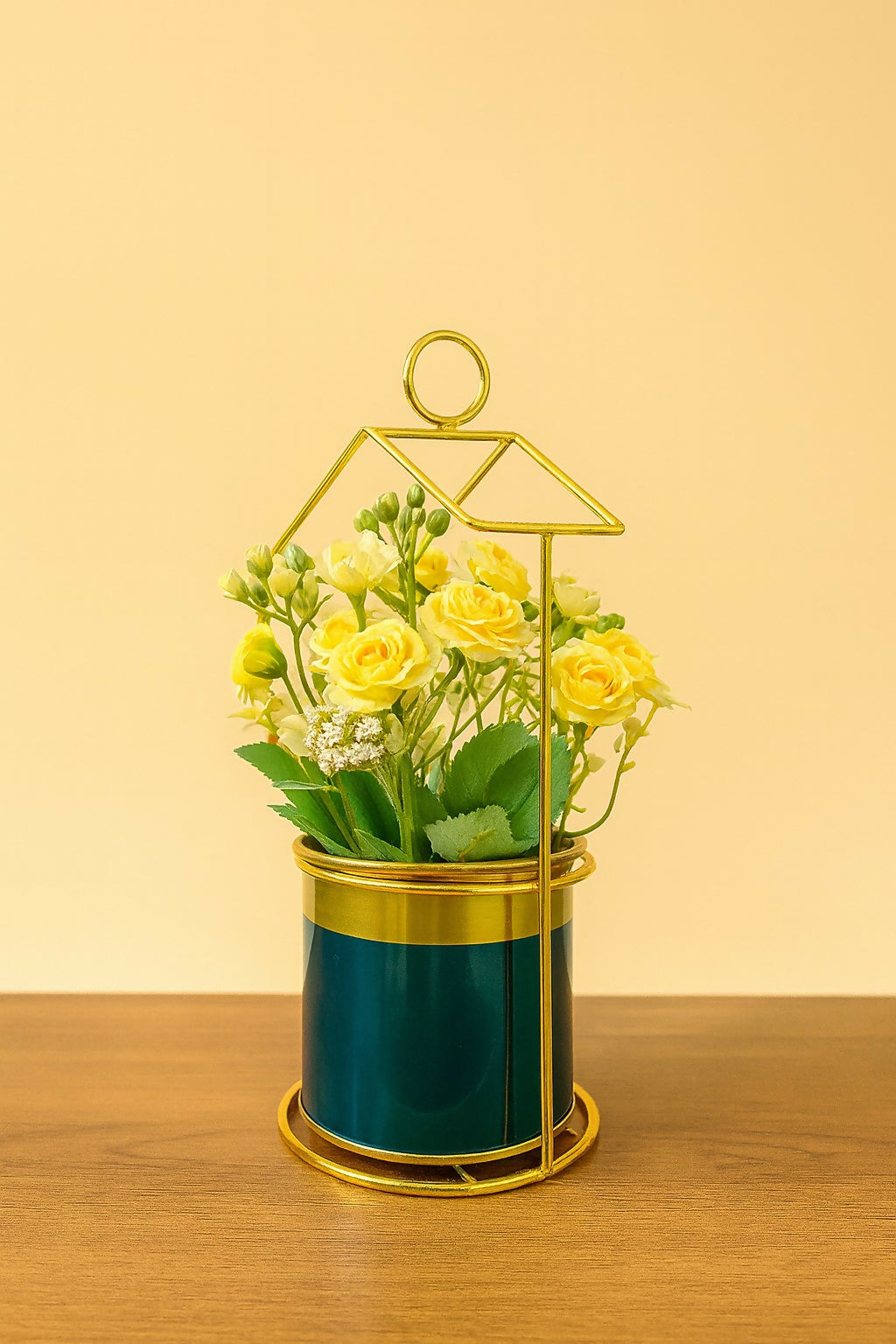 Golden Metal House-Shaped Stand with Artificial Yellow Roses in Glossy Green Pot – Elegant Decorative Flower Arrangement for Home, Office & Gift