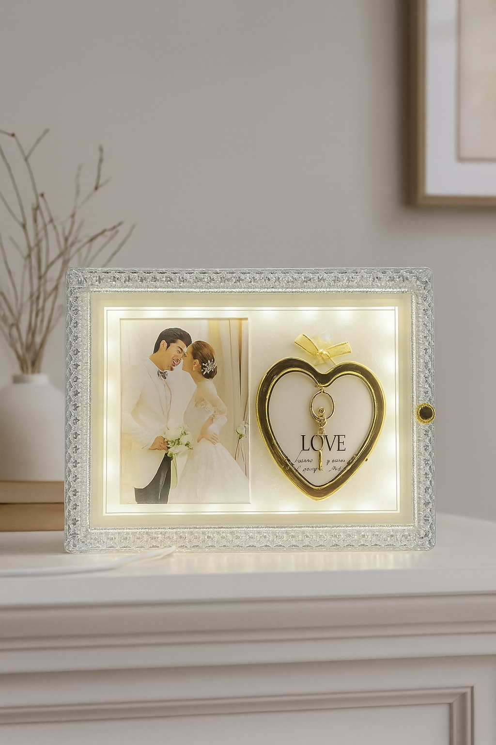 Crystal LED Wedding Photo Frame with Heart-Shaped Love Design | Sparkling Diamond-Cut Border | Dual Function Decorative Photo Frame with Golden Heart & Key Love Symbol | Romantic Couple Gift for Anniversary, Wedding, Home Décor
