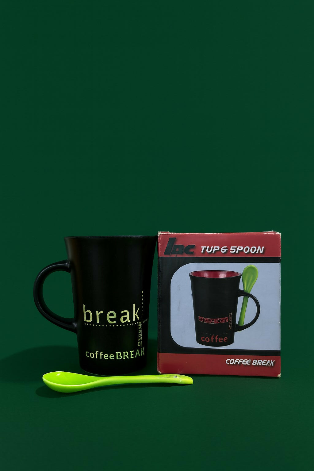 Black Ceramic Coffee Mug with Green Spoon – Stylish Coffee Break Printed Tea & Coffee Cup with Handle Slot Spoon | Microwave & Dishwasher Safe Mug for Home, Office & Gifting