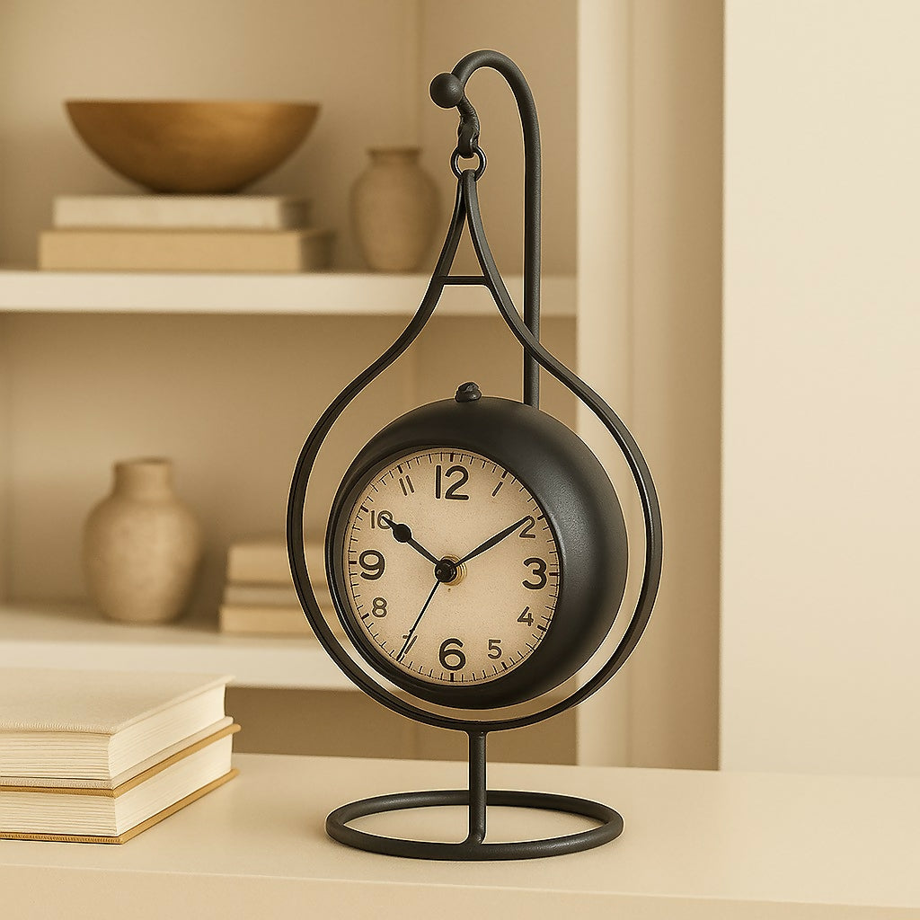 HOME DECOR Antique Hanging Table Clock with Iron Stand – Vintage Style Desk Clock with Rustic Black Frame and Classic Analog Dial – Decorative Timepiece for Home, Office, Living Room & Gifting