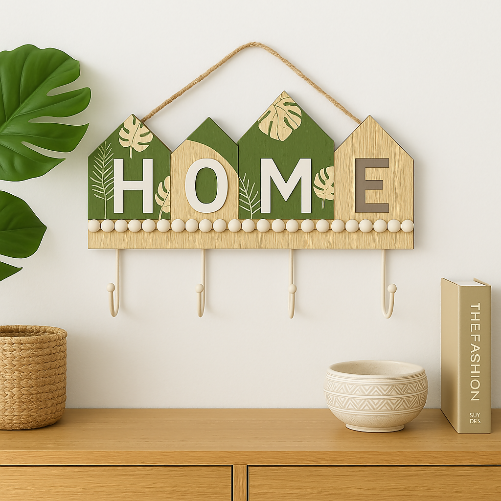 Wooden HOME Key Holder with 4 Hooks – Decorative Tropical Leaf Pattern House Design, Natural Wood Finish with Rope Hanger – Rustic Entryway Organizer for Keys, Hats, or Accessories