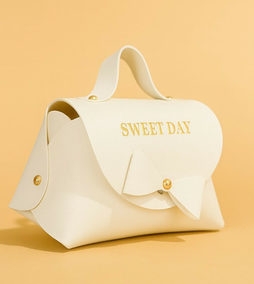 Elegant White PU Leather Mini Gift Handbag with Bow and "SWEET DAY" Print | Cute Candy Pouch, Jewelry Storage Box, Return Gift Bag for Girls & Women