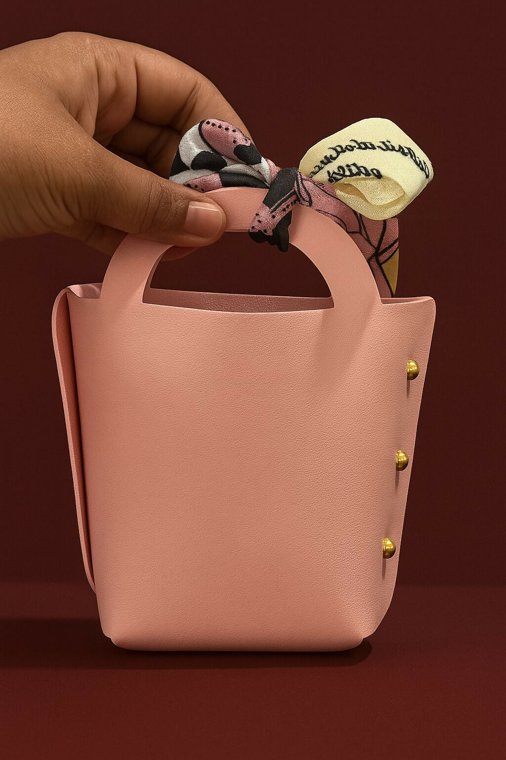Elegant Pink PU Leather Mini Gift Pouch with Printed Bow and Gold Rivets | Small Return Gift Bag for Jewelry, Candy, Party Favor for Women & Girls