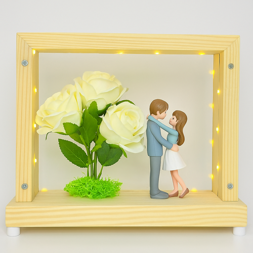 "LED Light-Up Wooden Box Frame with Artificial Pink Roses and Romantic Couple Figurines – I Love You Decorative Gift for Anniversary, Valentine's Day, or Bedroom Table Display