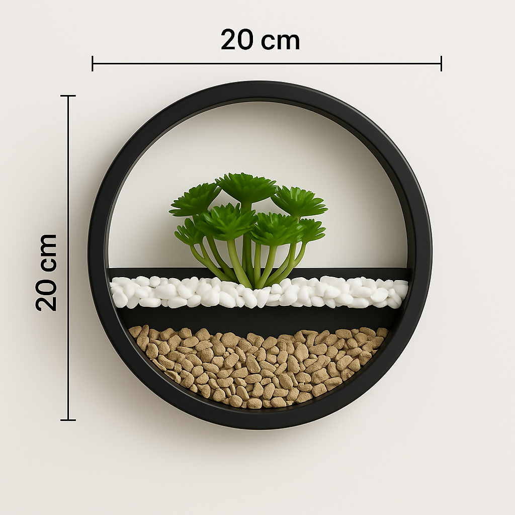 HOME DECOR Round Wall Hanging Frame with Artificial Green Plant and Decorative Pebbles – Modern Circular Wall Mounted Planter for Home Decor, Living Room, Bedroom, Office – Black Metal Frame