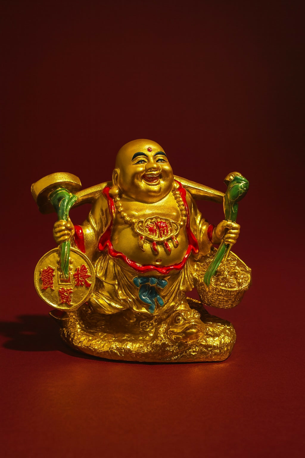 Colorful Laughing Buddha Idol with Wealth Symbols – Golden Resin Feng Shui Statue for Home, Office & Shop – Decorative Smiling Buddha with Gold Ingot, Coin & Potli for Good Luck, Happiness & Prosperity
