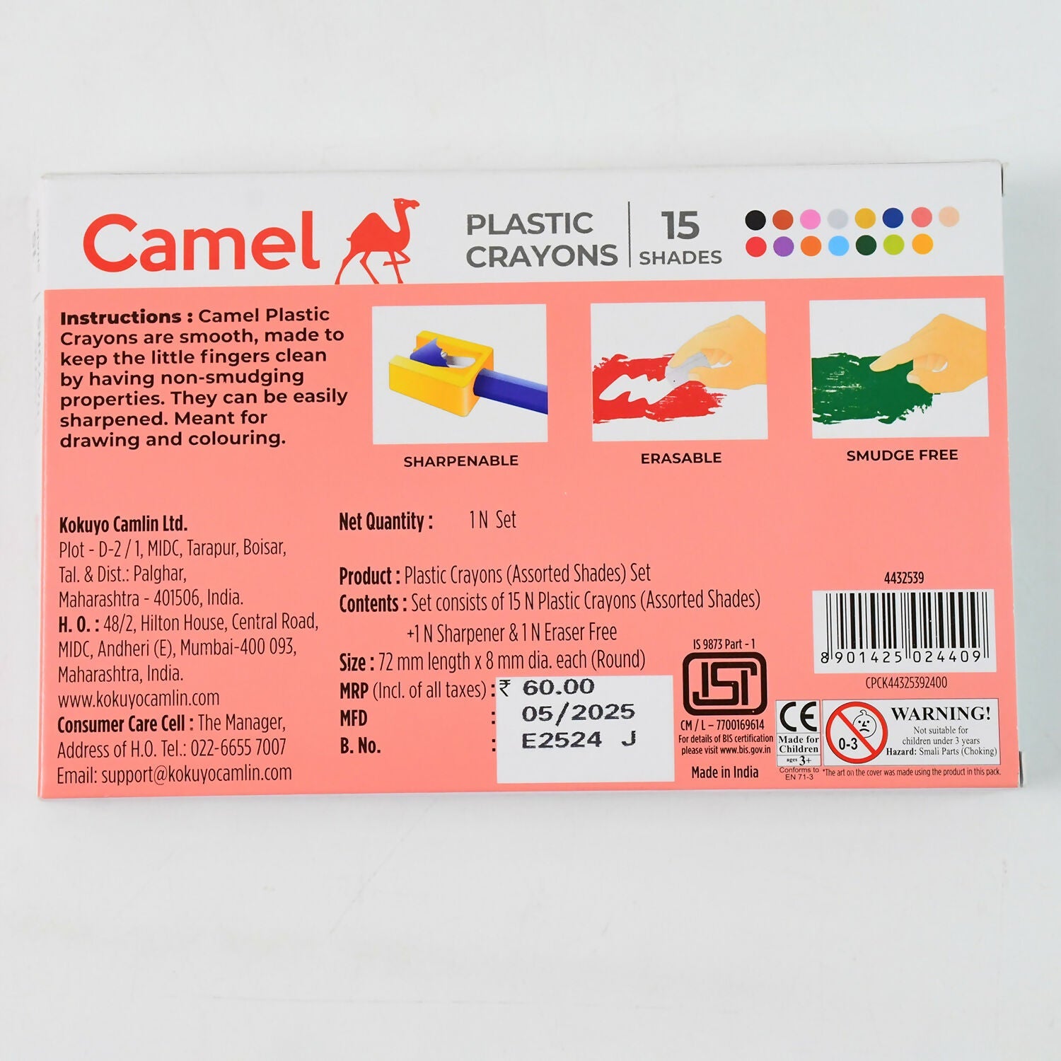 Camel Plastic Crayons 15 Assorted Shades with Free Sharpener and Eraser