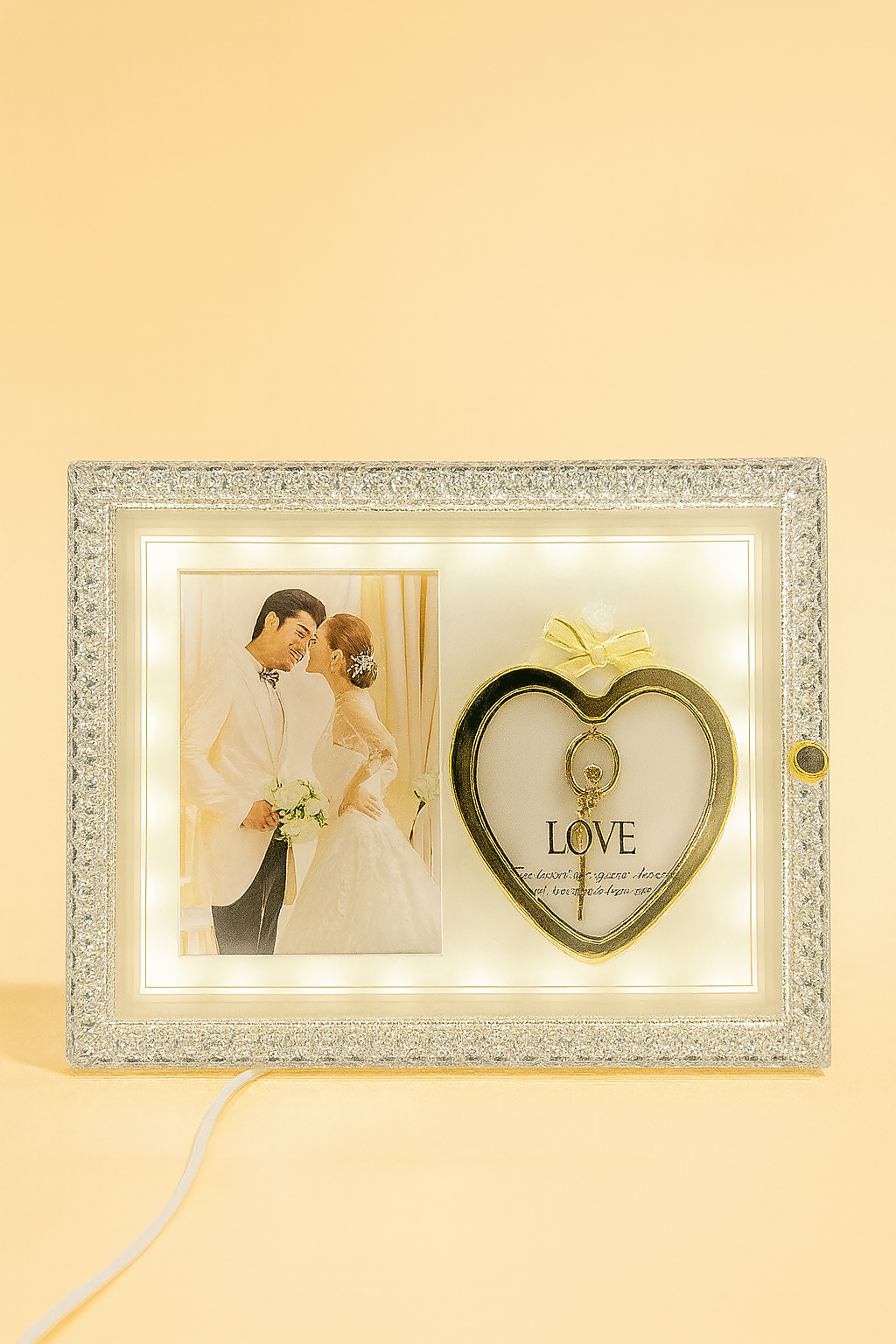 Crystal LED Wedding Photo Frame with Heart-Shaped Love Design | Sparkling Diamond-Cut Border | Dual Function Decorative Photo Frame with Golden Heart & Key Love Symbol | Romantic Couple Gift for Anniversary, Wedding, Home Décor