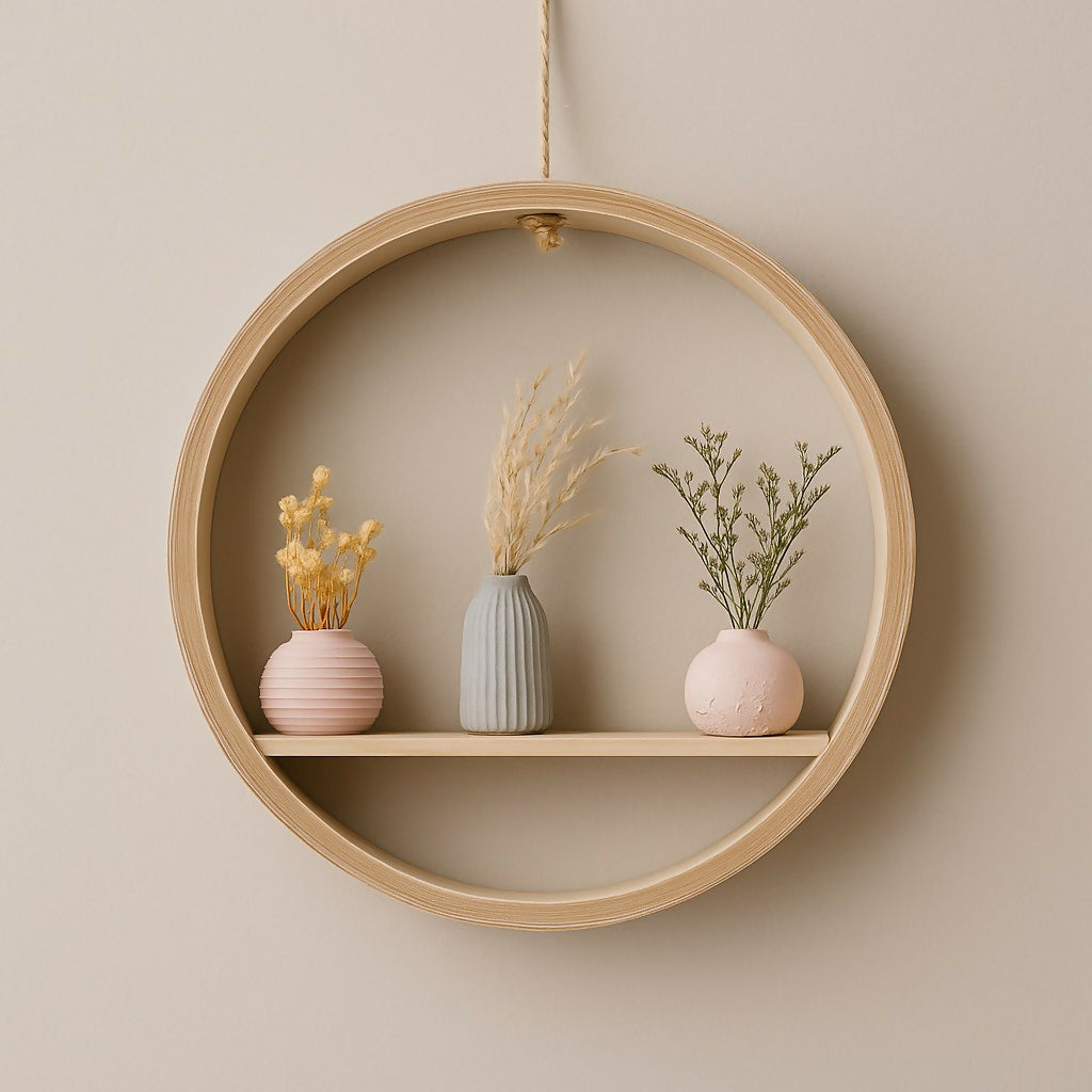 Round Wooden Wall Shelf with 3 Mini Ceramic Flower Vases – Modern Hanging Decorative Frame with Dried Flowers – Boho Rustic Wall Art for Living Room, Bedroom, and Home Decor