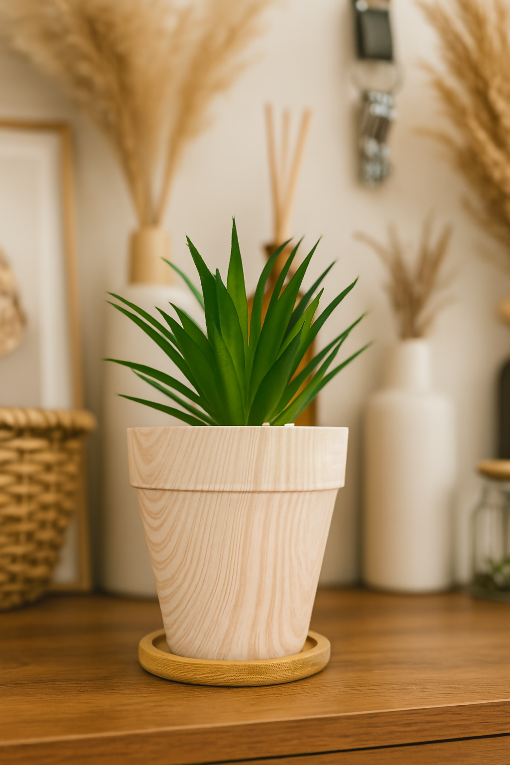 Artificial Aloe Vera Succulent Plant in Light Wooden Texture Pot with Bamboo Base – Faux Green Plant for Home, Office, Boho Decor, Desk & Shelf Styling
