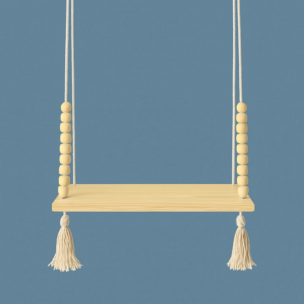 Product Title (Long Name): Handcrafted Hanging Wooden Shelf with Rope and Beads – Macrame-Inspired Indoor Plant Holder with 2 Artificial Bonsai Plants – Rustic Boho Wall Décor for Home, Balcony, Living Room