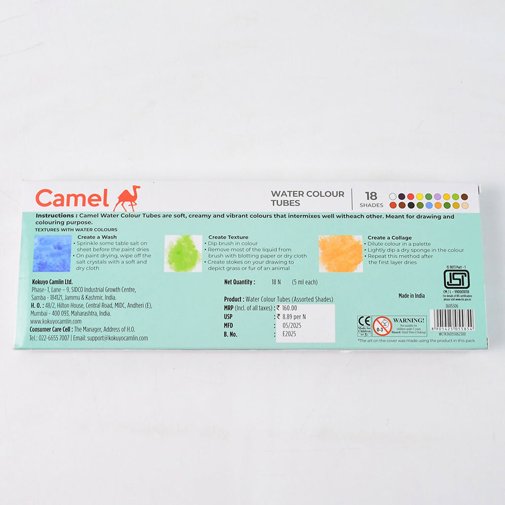 Camel Water Colour Tubes 18 Assorted Shades for Students and Artists (5 ml each)