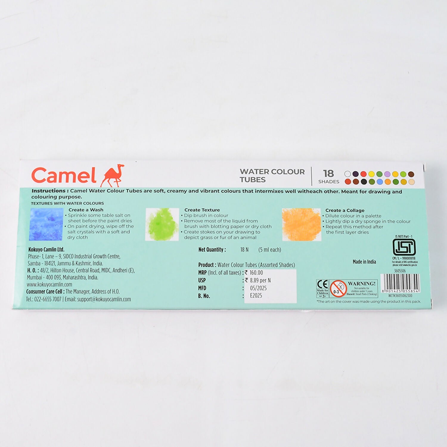Camel Water Colour Tubes 18 Assorted Shades for Students and Artists (5 ml each)