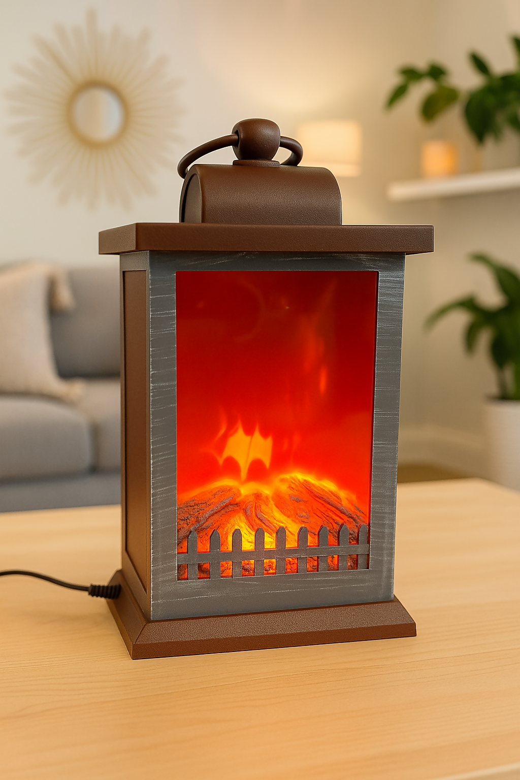 Rustic Brown Electric Lantern Fireplace lamp with Realistic LED Flame and Log Effect – Vintage-Inspired Decorative Tabletop Ambient Lamp for Bedroom, Living Room, or Office Décor