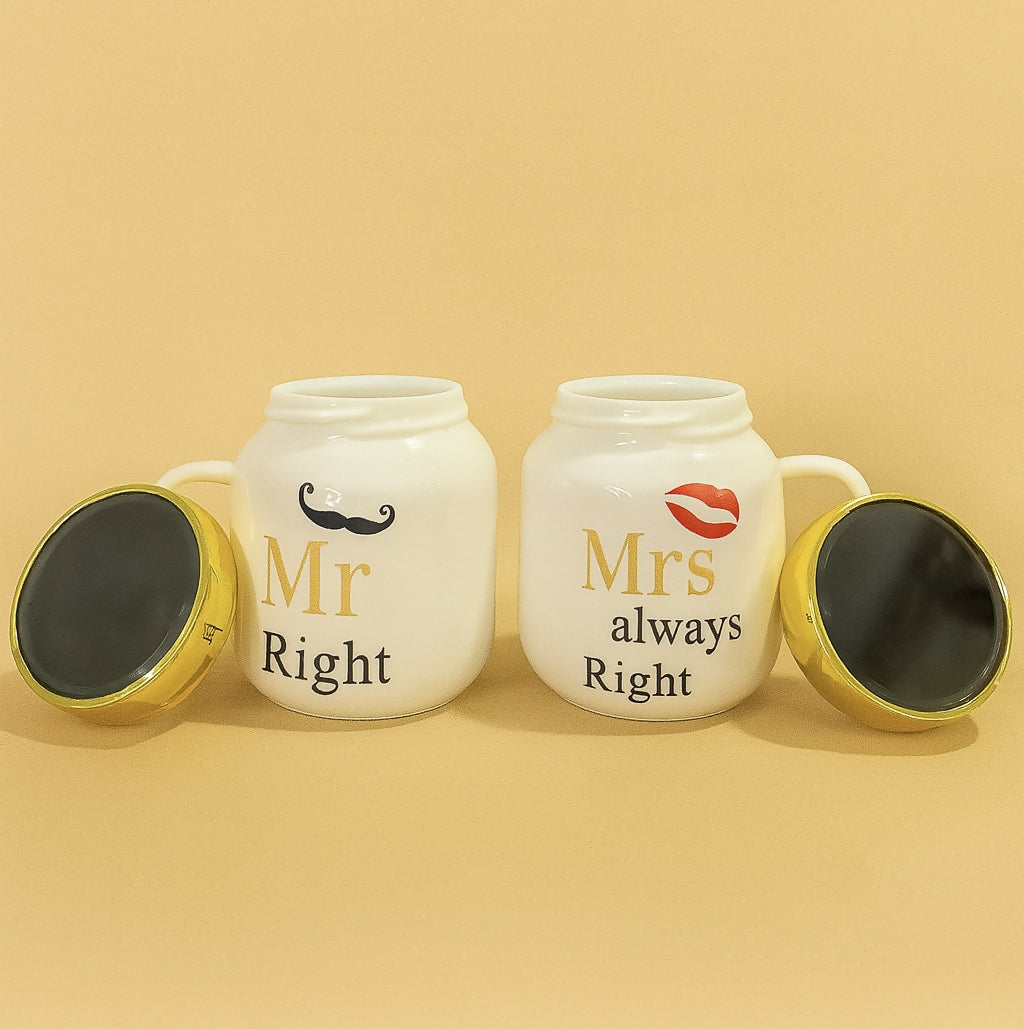 Mr Right and Mrs Always Right Ceramic Mug Set with Golden Lids – Funny Couple Coffee Mugs by Fishon Ceramics – White Gift Boxed Tea Cups for Anniversary, Wedding, Valentine’s Day