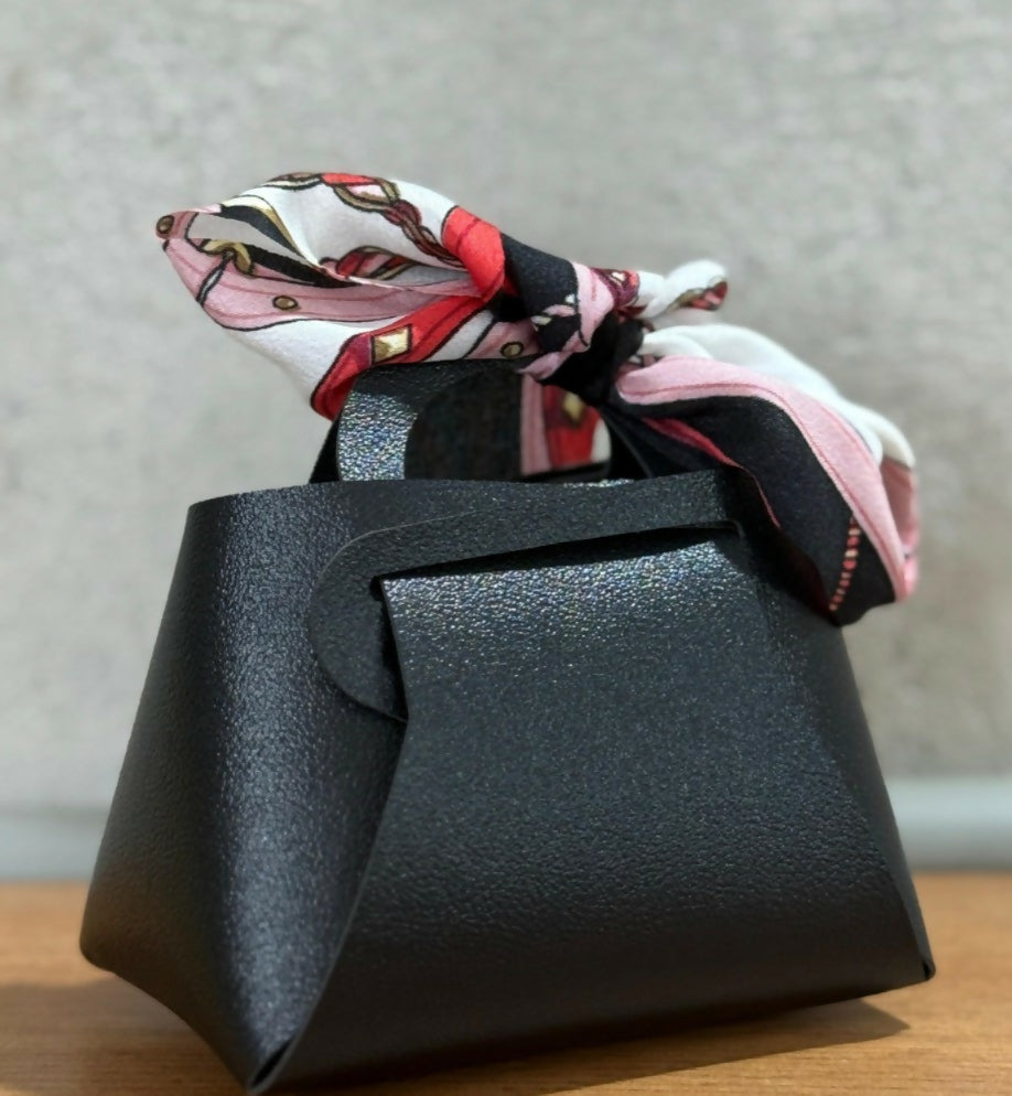 Premium Black PU Leather Mini Pouch with Printed Fabric Bow | Small Return Gift Bag, Candy/Jewelry Storage Box for Girls & Women, Elegant Gift Packing Bag
