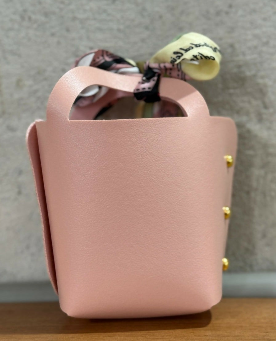 Elegant Pink PU Leather Mini Gift Pouch with Printed Bow and Gold Rivets | Small Return Gift Bag for Jewelry, Candy, Party Favor for Women & Girls