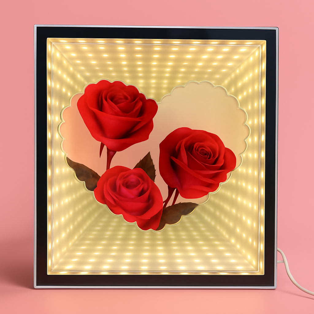 LED Rose Infinity Mirror Light Box | Romantic 3D LED Illusion Heart Shaped Rose Lamp | Decorative Tabletop Night Light for Bedroom, Living Room & Gifts | Valentine’s Day, Anniversary, Wedding, Home Décor