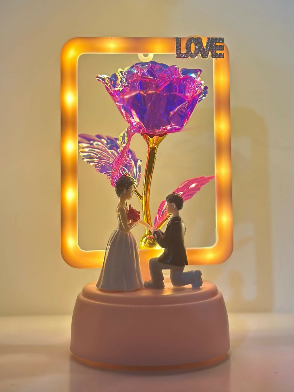 Romantic LED Love Showpiece with Golden Stem Crystal Rose and Proposal Couple Figurine – Decorative Night Lamp for Bedroom, Anniversary Gift, Valentine's Day, Wedding or Engagement Celebration